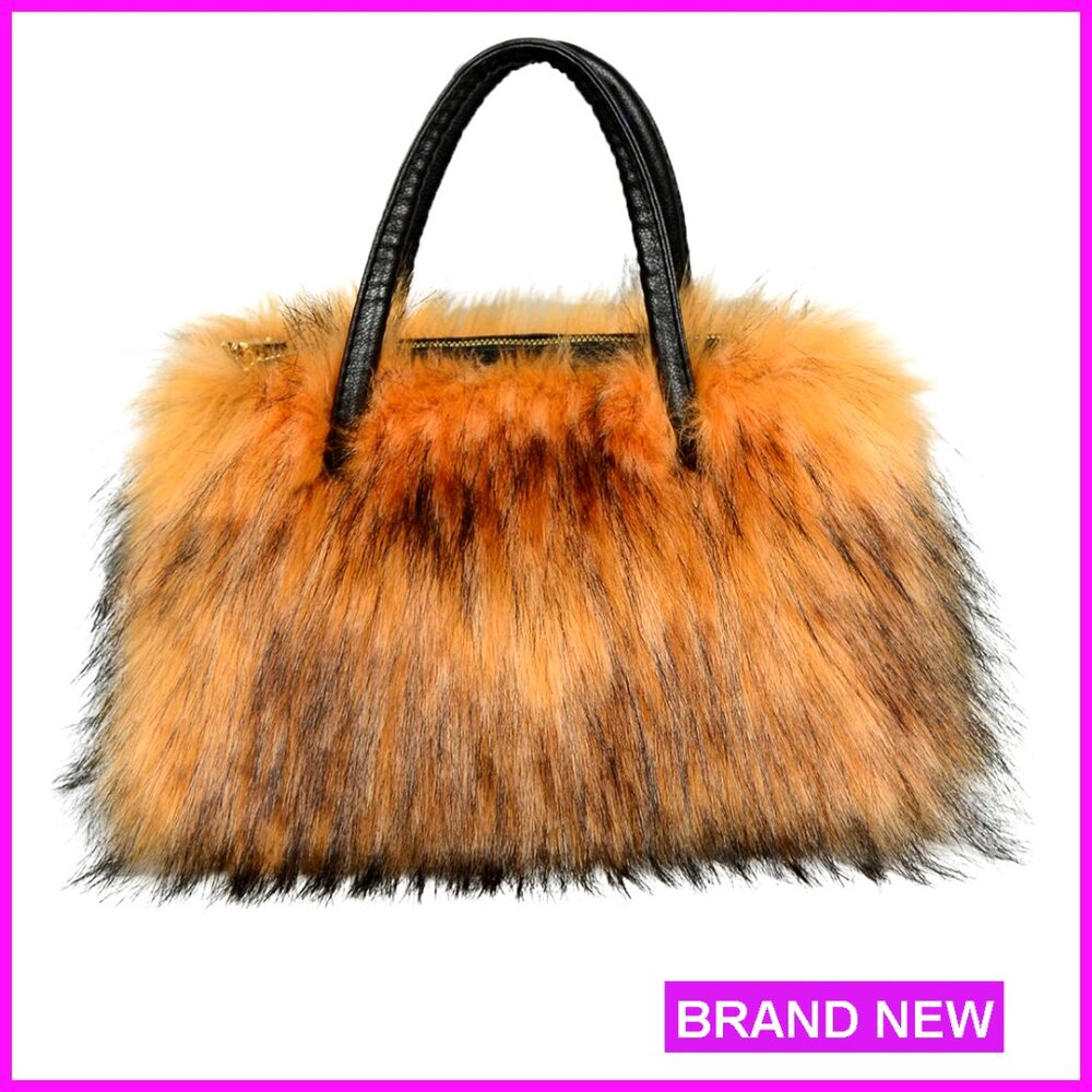 Faux Fur Tote Bag Hobo Style Adjustable Strap Zipper Closure Travel Purse